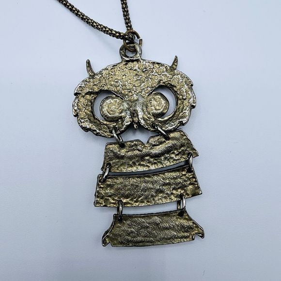 Owl Necklace Vintage Dangle Yellow Lucite Cabochon Articulated Gold Tone Bird - Picture 8 of 10